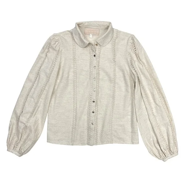 KEEPSAKE The Label Oatmeal Linen Blend Loop Trim Bishop Sleeve Blouse Size 4 - Picture 2 of 9